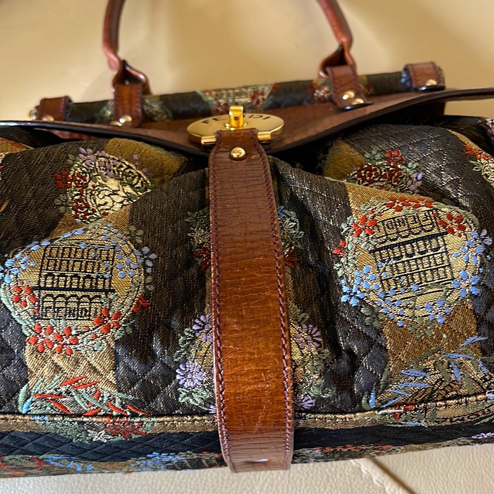 FENDI EUC TOBACCO PEQUIN STRIPES FABRIC AND LEATHER MAGIC SHOULDER BAG RARE FIND - Picture 7 of 17